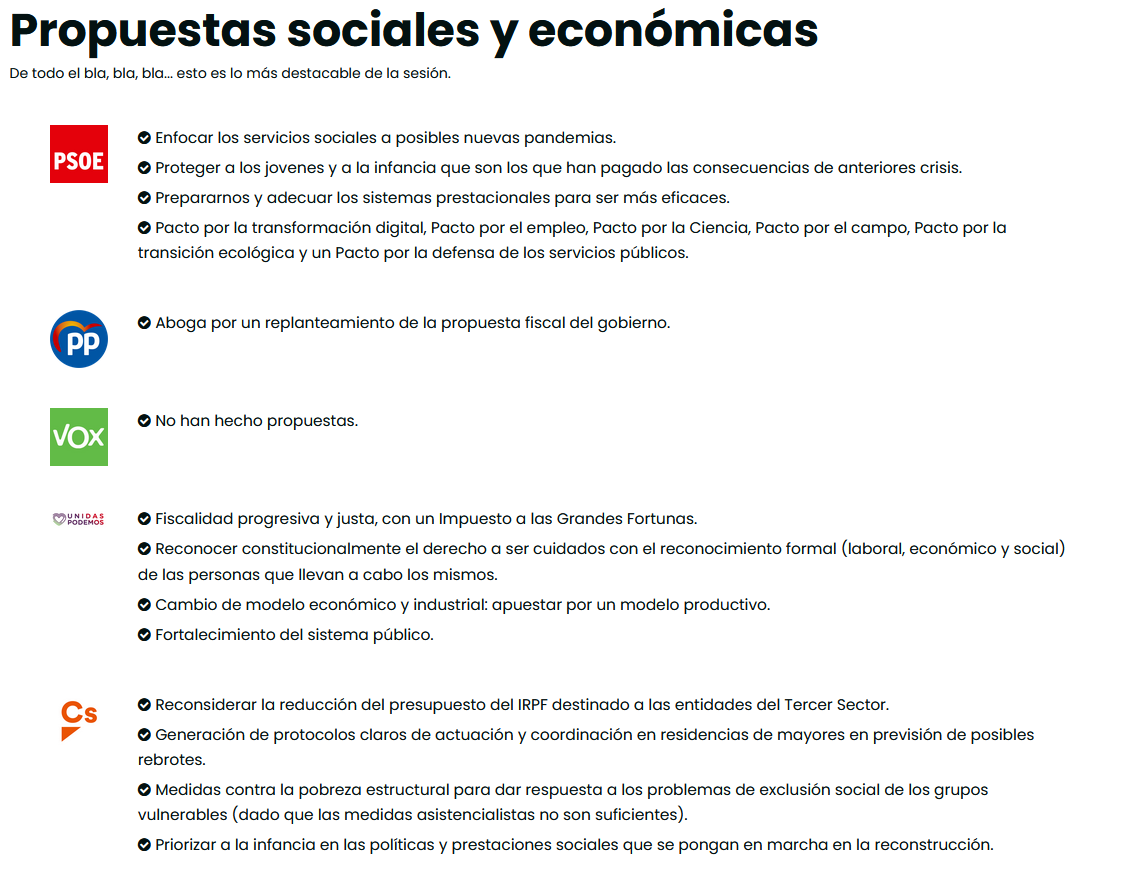 Ejemplo de cómo se rescataban las propuestas sociales y económicas de cada partido en las sesiones de la Comisión de reconstrucción